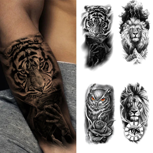 Tatouage Temporaire Imperméable - Motifs Lion, Fleur, Tigre, Hibou - Art Corporel pour Bras et Jambe