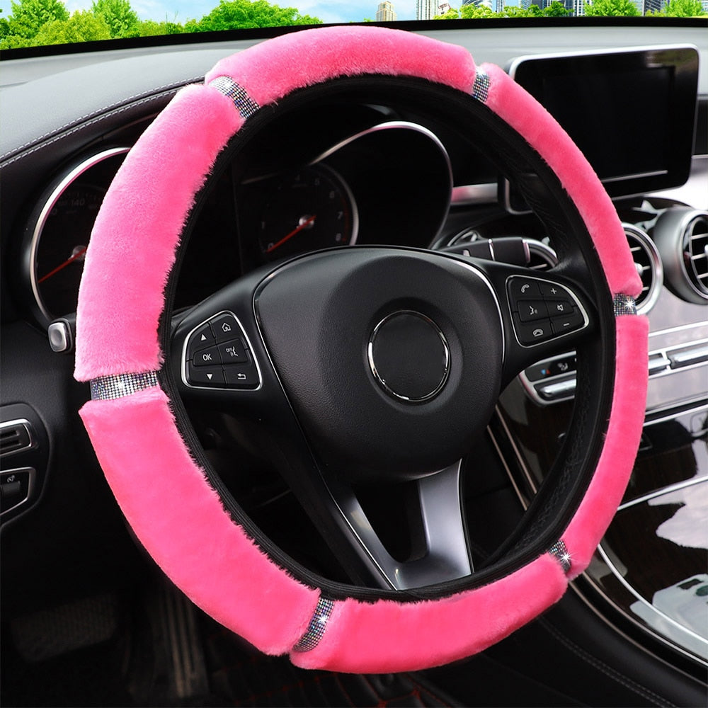 Couvre-volant rose pour voiture avec sous-verres , Housse de volant  extensible pour femmes, filles et